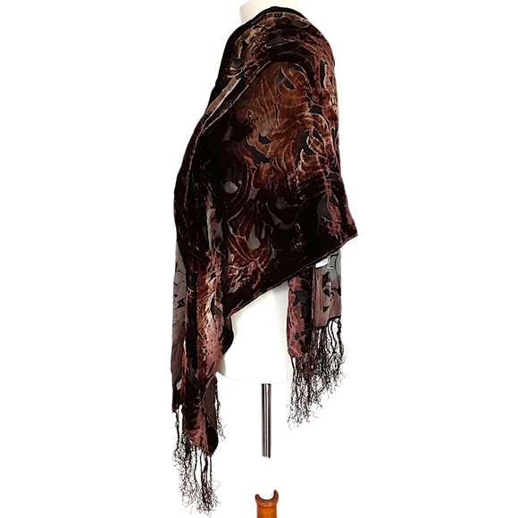 Vtg Silk Velvet Burnout Piano Shawl Scarf Brown Ombre Bohemian Witchy Victorian - Picture 4 of 16